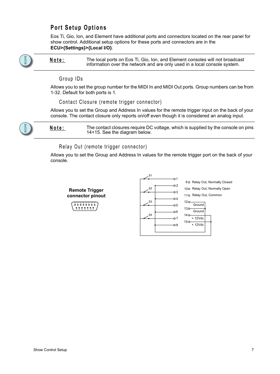 Port setup options, Group ids, Contact closure (remote trigger connector) | Relay out (remote trigger connector), N o t e | ETC Eos Family Show Control User Manual | Page 9 / 32