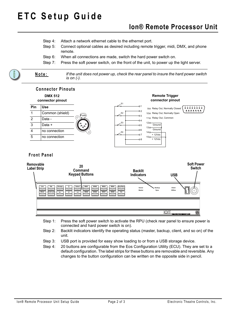 Connector pinouts, Front panel, Ion® remote processor unit | Connector pinouts front panel, N o t e | ETC Ion User Manual | Page 2 / 3