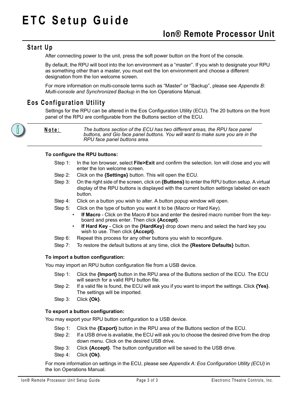 Start up, Eos configuration utility, Ion® remote processor unit | ETC Ion User Manual | Page 3 / 3