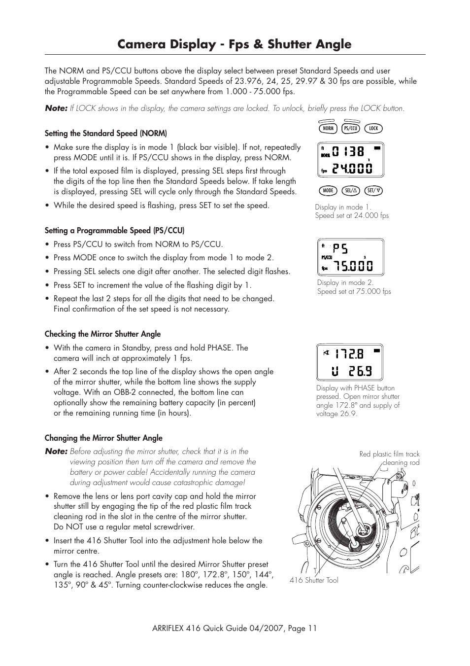 Camera display - fps & shutter angle | ARRI ARRIFLEX 416 User Manual | Page 11 / 20