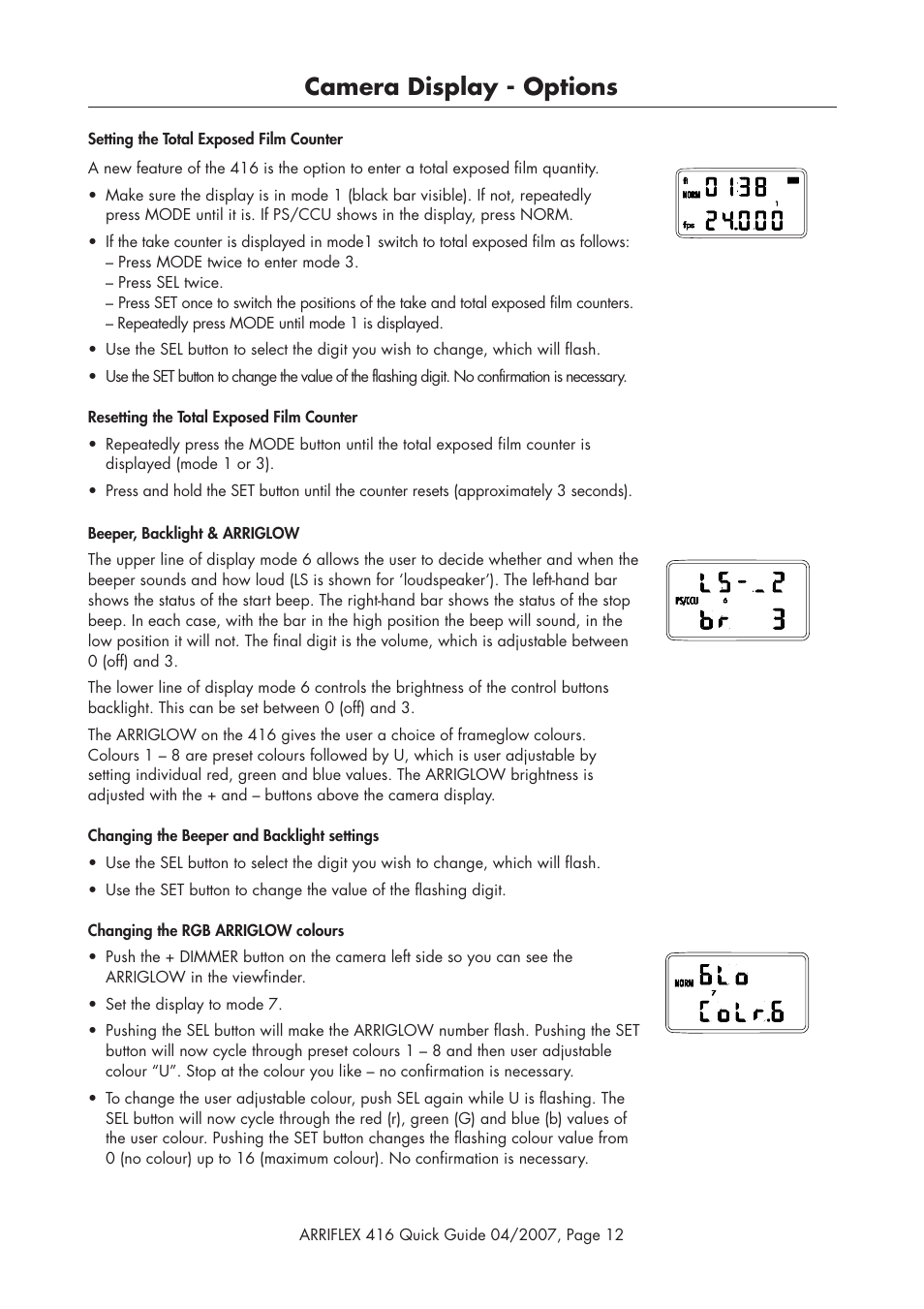 Camera display - options | ARRI ARRIFLEX 416 User Manual | Page 12 / 20