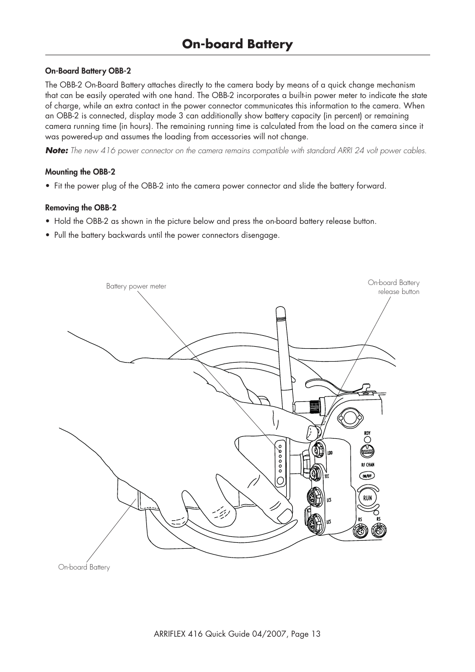 On-board battery | ARRI ARRIFLEX 416 User Manual | Page 13 / 20