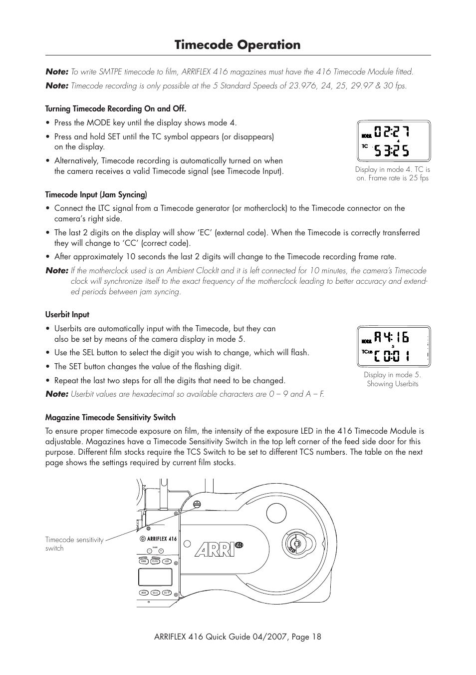 Timecode operation | ARRI ARRIFLEX 416 User Manual | Page 18 / 20