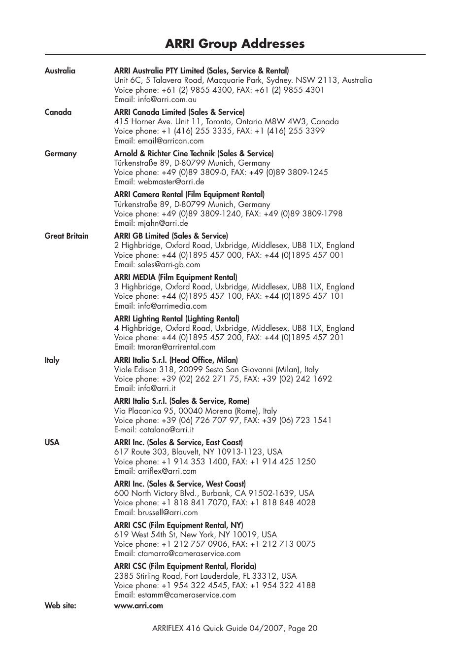 Arri group addresses | ARRI ARRIFLEX 416 User Manual | Page 20 / 20