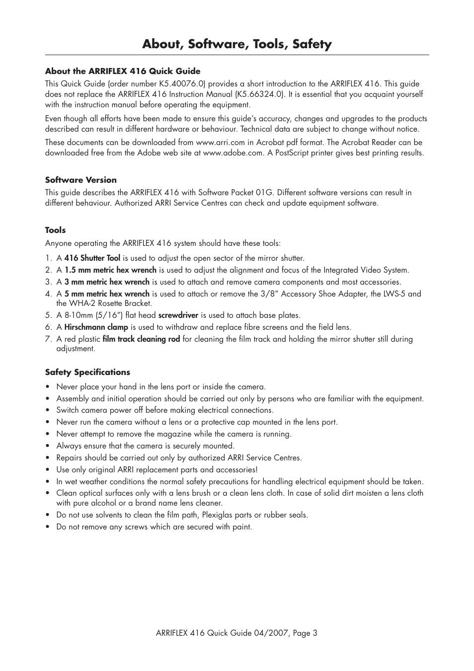 About, software, tools, safety | ARRI ARRIFLEX 416 User Manual | Page 3 / 20