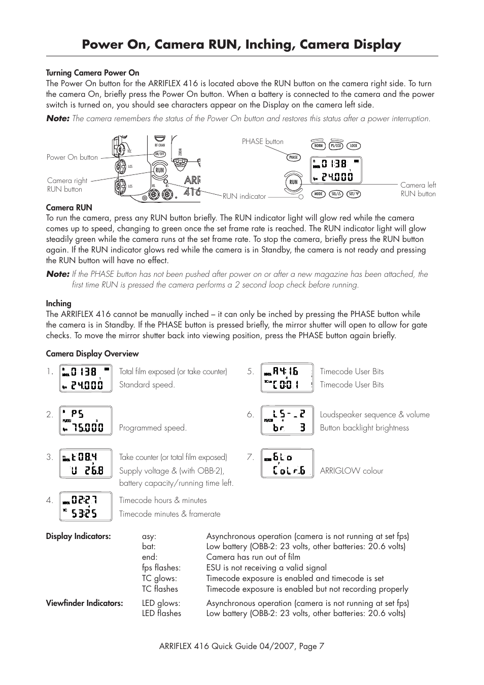 Power on, camera run, inching, camera display | ARRI ARRIFLEX 416 User Manual | Page 7 / 20