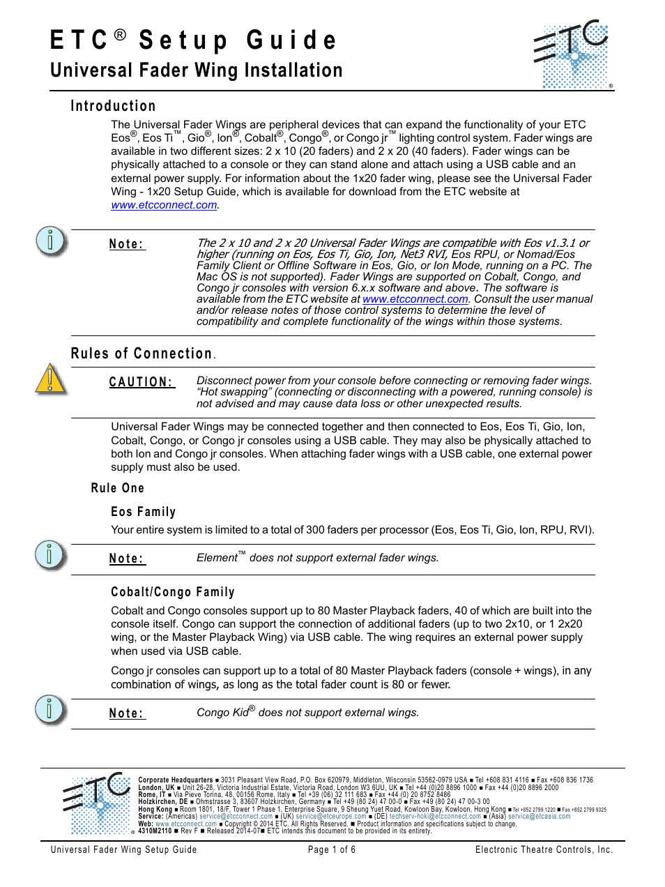 ETC Universal Fader Wing Setup Guide (Rev F) User Manual | 6 pages