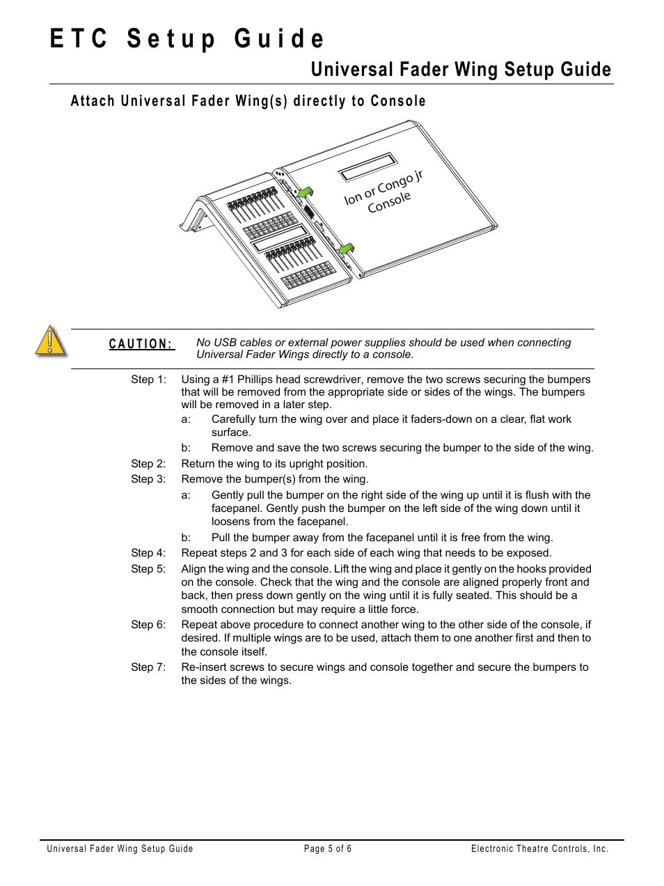 Attach universal fader wing(s) directly to console, Universal fader wing setup guide | ETC Universal Fader Wing Setup Guide (Rev F) User Manual | Page 5 / 6