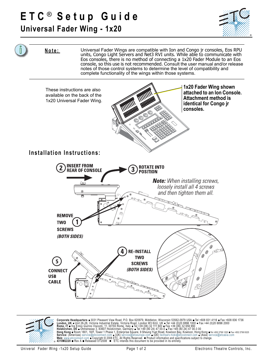 ETC Universal Fader Wing 1x20 Setup Guide User Manual | 2 pages