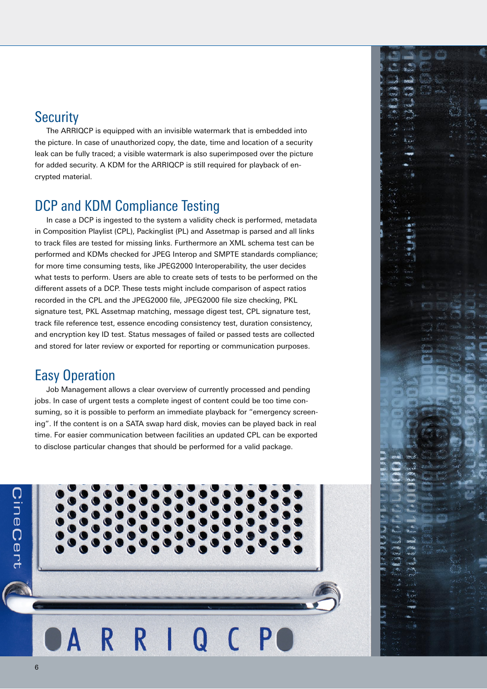 Security, Dcp and kdm compliance testing, Easy operation | ARRI Quality Control Player ARRIQCP User Manual | Page 6 / 8