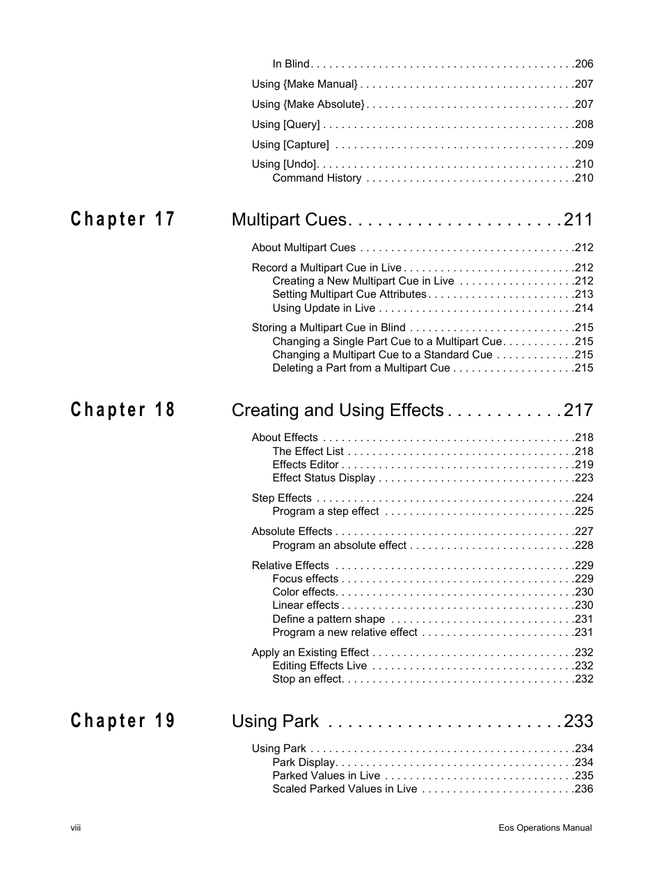 Multipart cues, Creating and using effects, Using park | ETC Eos v1.3 User Manual | Page 10 / 356