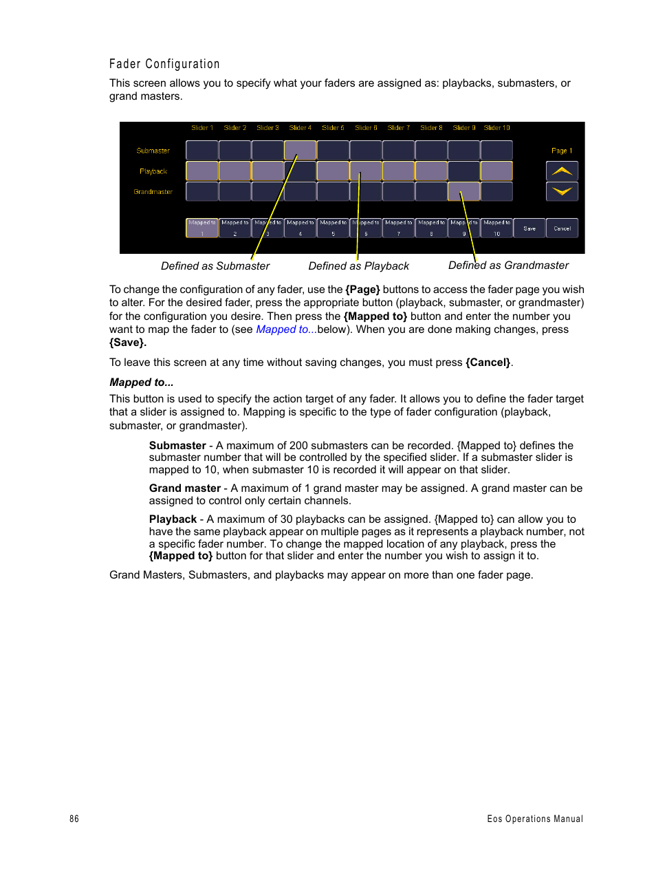 Fader configuration | ETC Eos v1.3 User Manual | Page 100 / 356