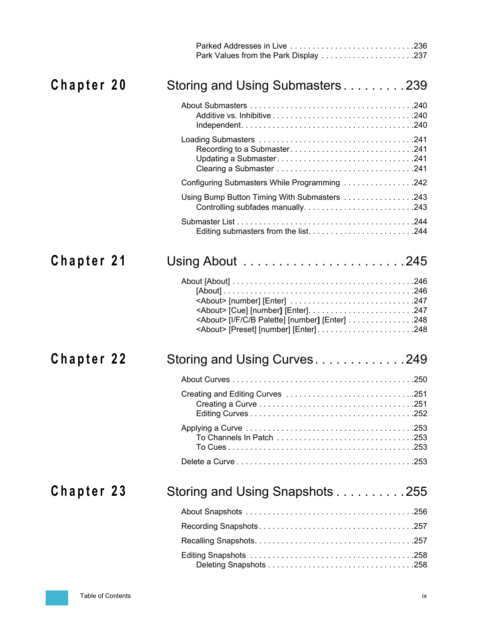 Storing and using submasters, Using about, Storing and using curves | Storing and using snapshots | ETC Eos v1.3 User Manual | Page 11 / 356