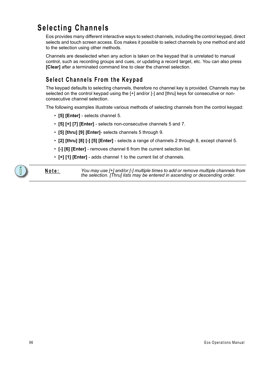 Selecting channels, Select channels from the keypad | ETC Eos v1.3 User Manual | Page 110 / 356