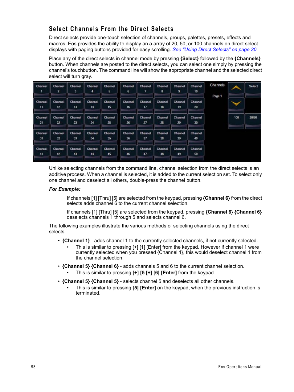 Select channels from the direct selects | ETC Eos v1.3 User Manual | Page 112 / 356