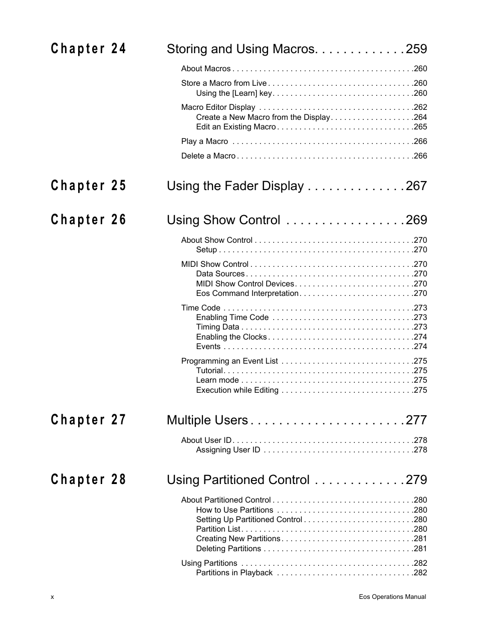 Storing and using macros, Using the fader display, Using show control | Multiple users, Using partitioned control | ETC Eos v1.3 User Manual | Page 12 / 356