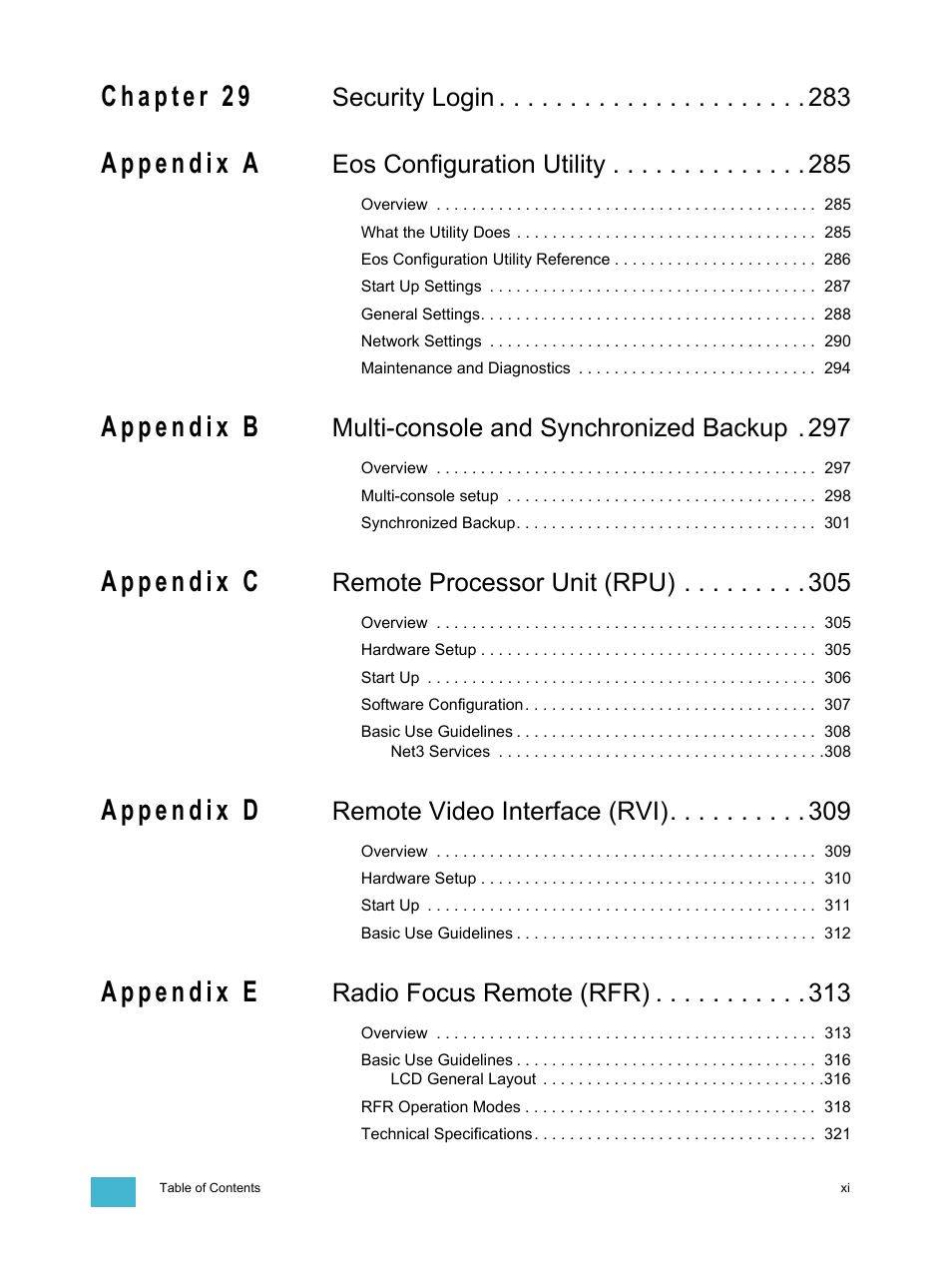 Security login, Eos configuration utility, Multi-console and synchronized backup . 297 | Remote processor unit (rpu), Remote video interface (rvi), Radio focus remote (rfr) | ETC Eos v1.3 User Manual | Page 13 / 356