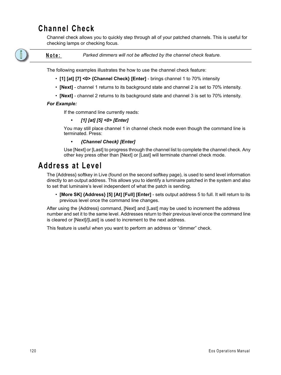 Channel check, Address at level | ETC Eos v1.3 User Manual | Page 134 / 356