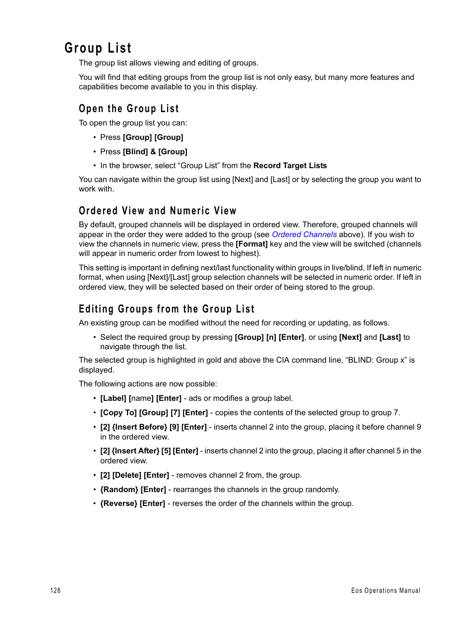 Group list, Open the group list, Ordered view and numeric view | Editing groups from the group list | ETC Eos v1.3 User Manual | Page 140 / 356