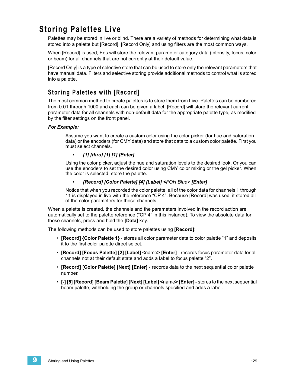 Storing palettes live, Storing palettes with [record | ETC Eos v1.3 User Manual | Page 143 / 356