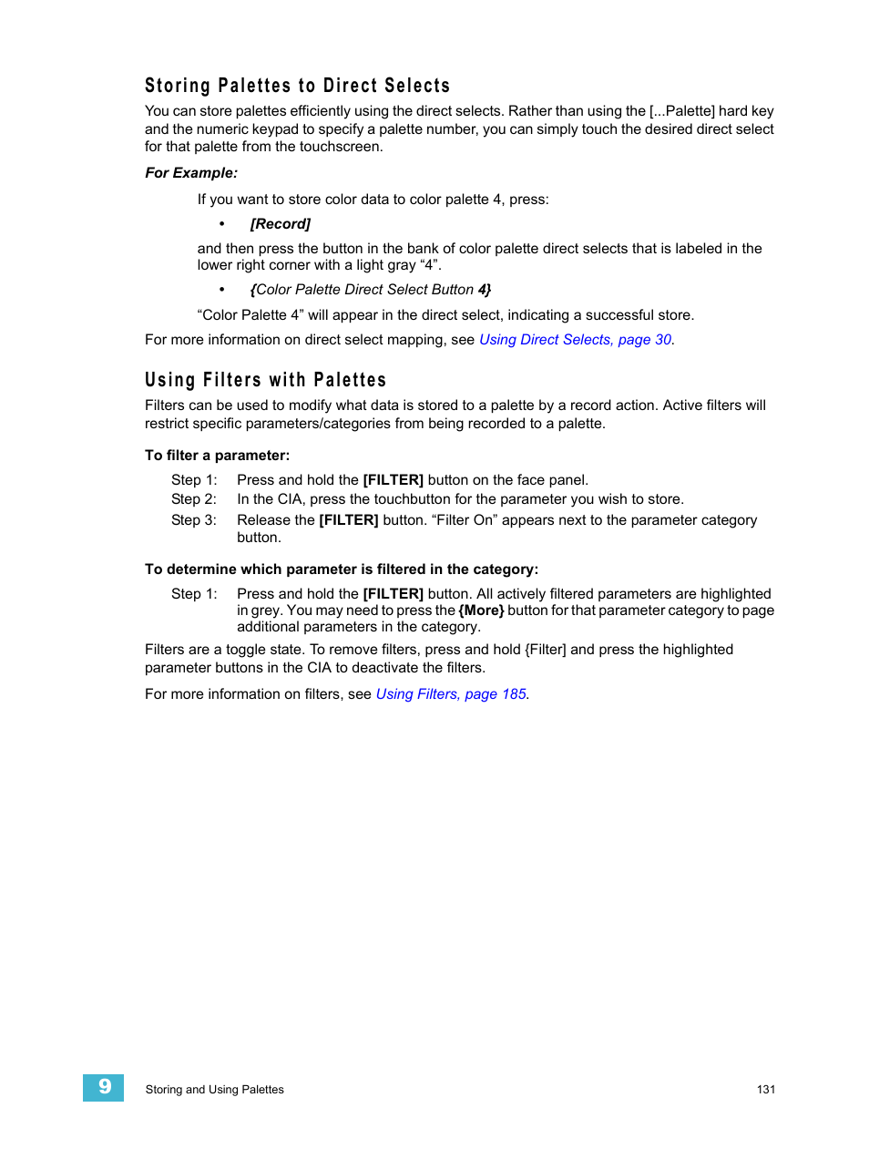 Storing palettes to direct selects, Using filters with palettes | ETC Eos v1.3 User Manual | Page 145 / 356