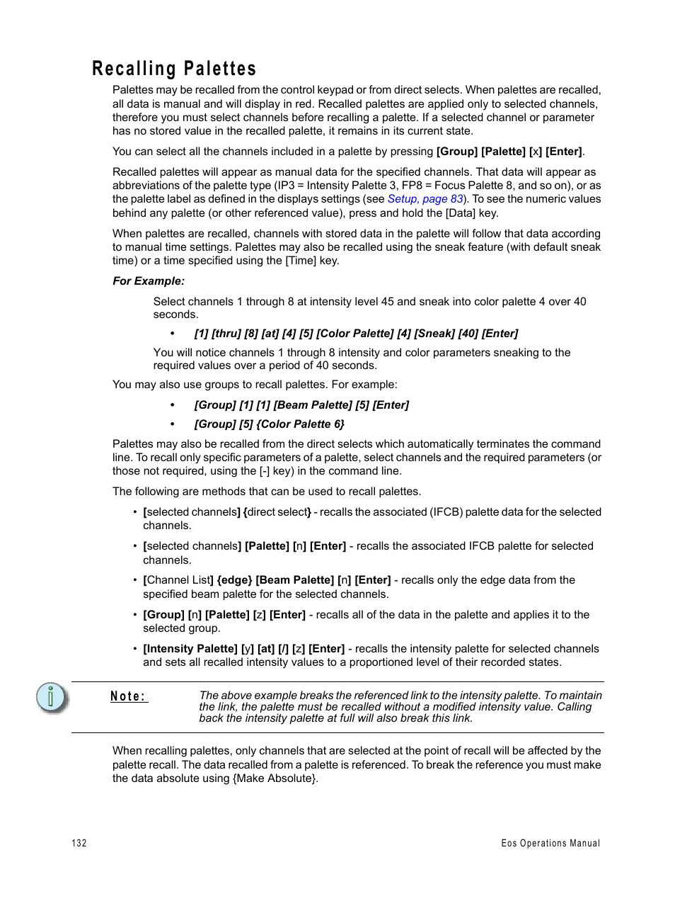 Recalling palettes, N o t e | ETC Eos v1.3 User Manual | Page 146 / 356