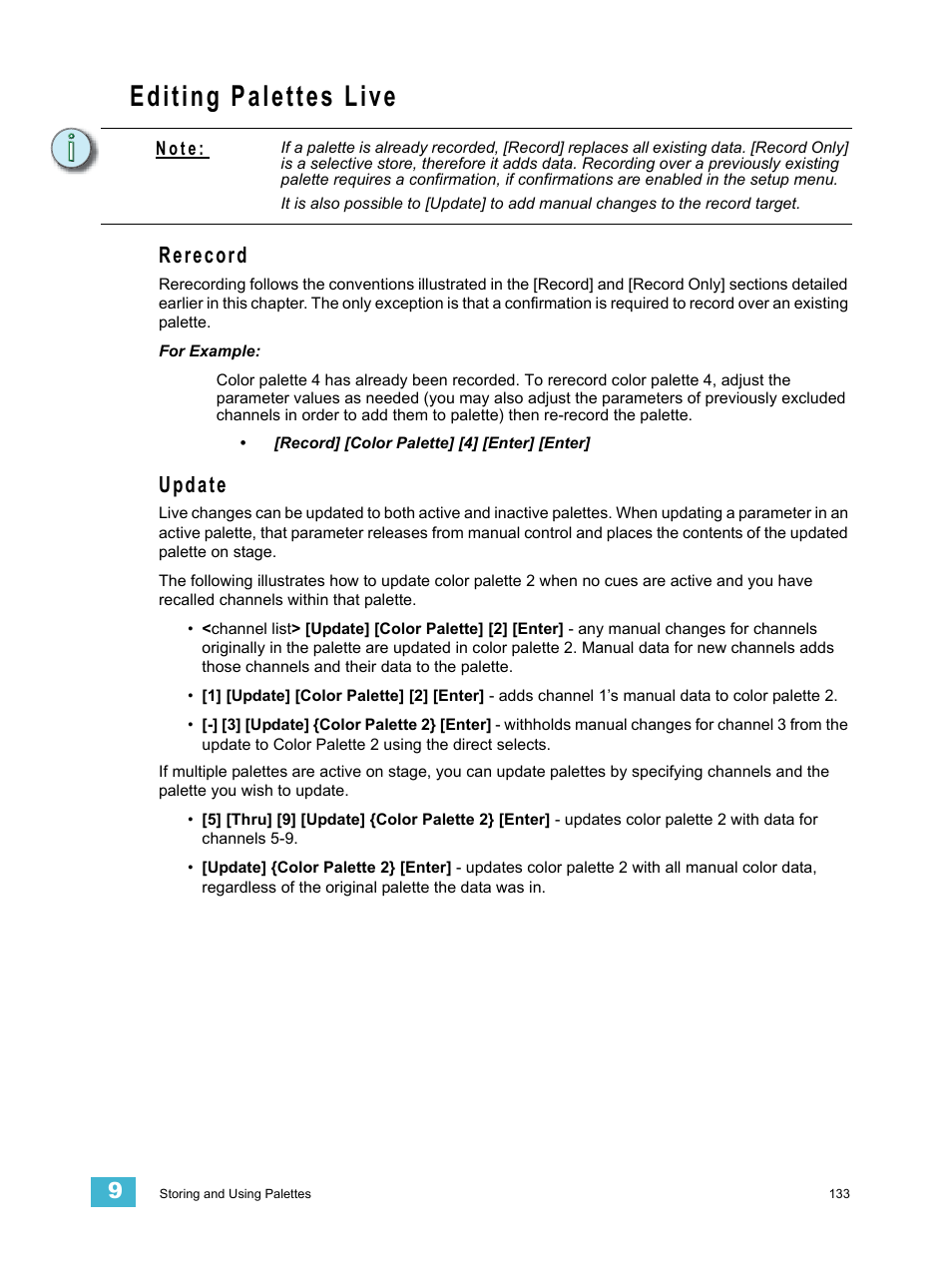 Editing palettes live, Rerecord, Update | Rerecord update | ETC Eos v1.3 User Manual | Page 147 / 356