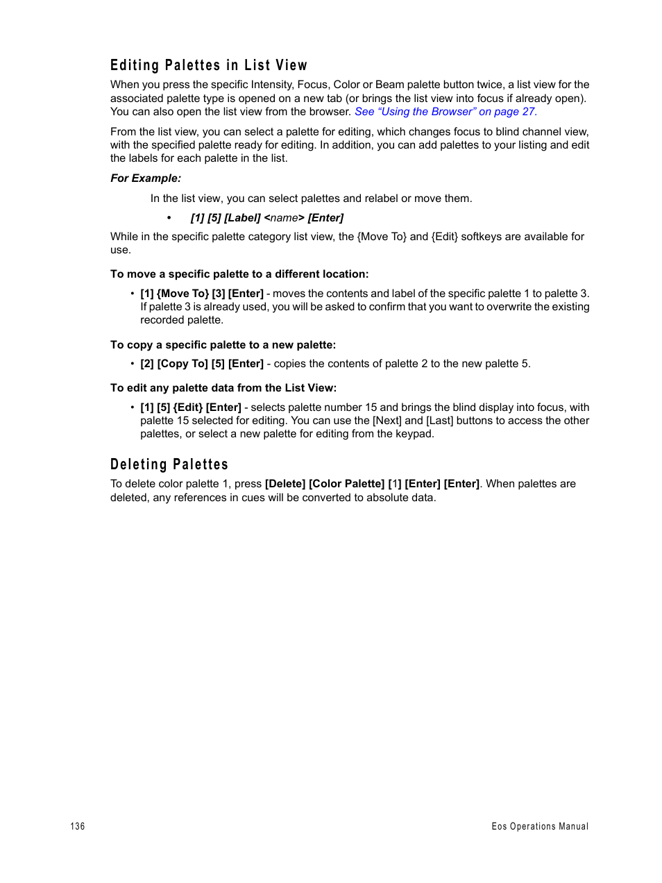 Editing palettes in list view, Deleting palettes, Editing palettes in list view deleting palettes | ETC Eos v1.3 User Manual | Page 150 / 356