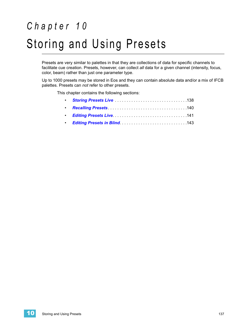 Storing and using presets, C h a p t e r 1 0 | ETC Eos v1.3 User Manual | Page 151 / 356