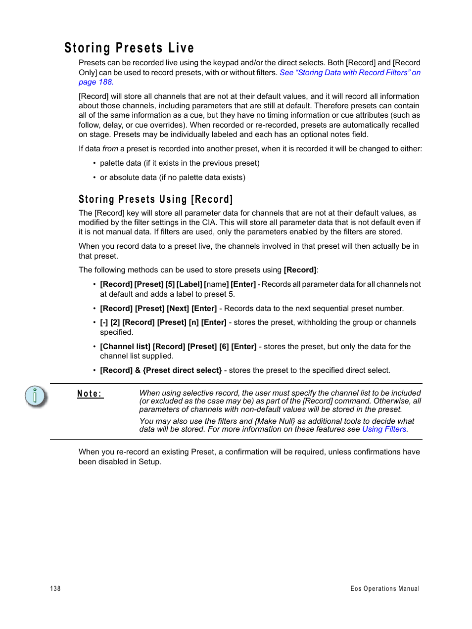 Storing presets live, Storing presets using [record | ETC Eos v1.3 User Manual | Page 152 / 356