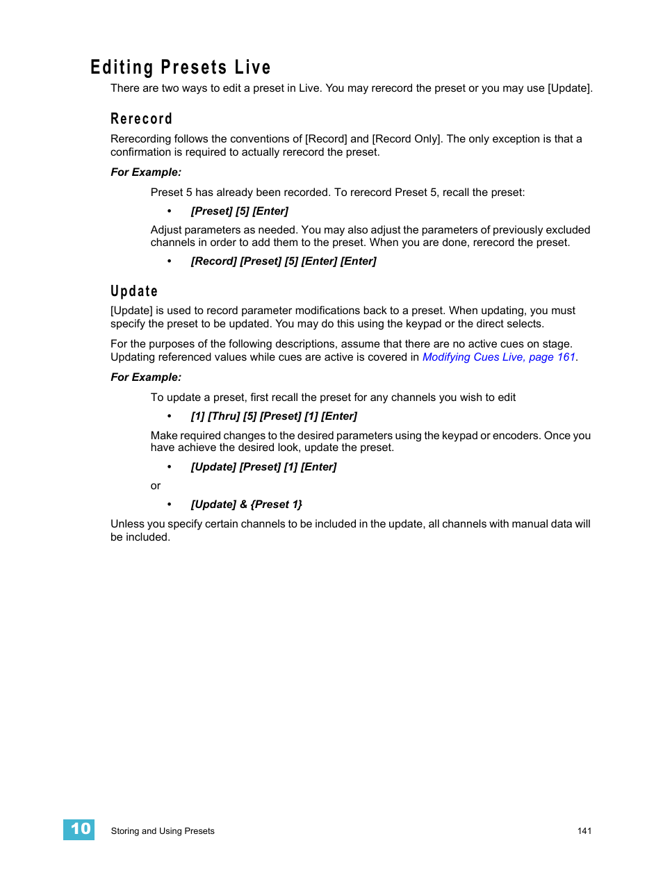 Editing presets live, Rerecord, Update | Rerecord update | ETC Eos v1.3 User Manual | Page 155 / 356