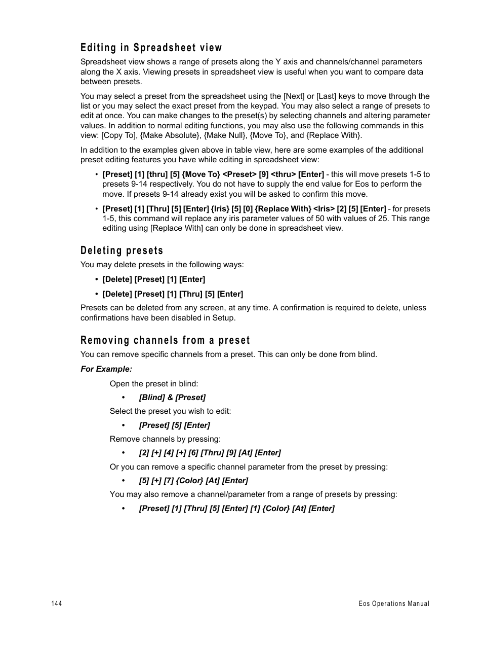 Editing in spreadsheet view, Deleting presets, Removing channels from a preset | ETC Eos v1.3 User Manual | Page 158 / 356