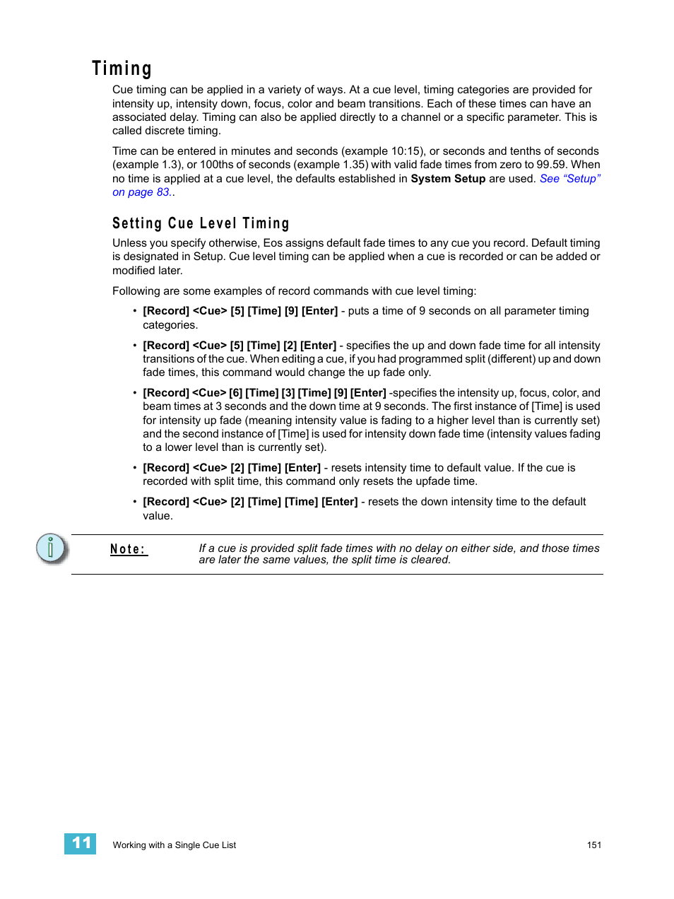 Timing, Setting cue level timing | ETC Eos v1.3 User Manual | Page 165 / 356