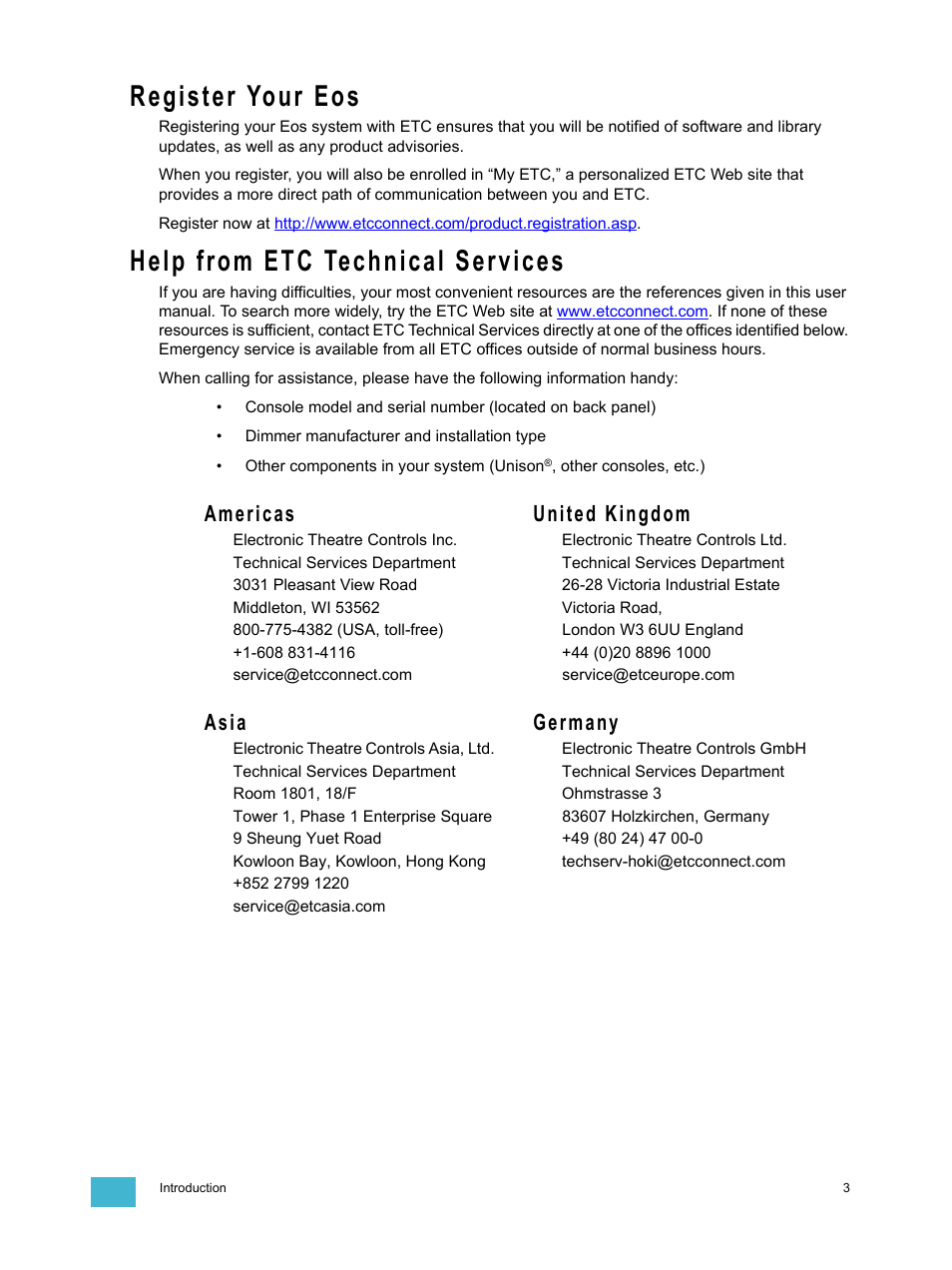 Register your eos, Help from etc technical services, Americas united kingdom | Asia germany | ETC Eos v1.3 User Manual | Page 17 / 356