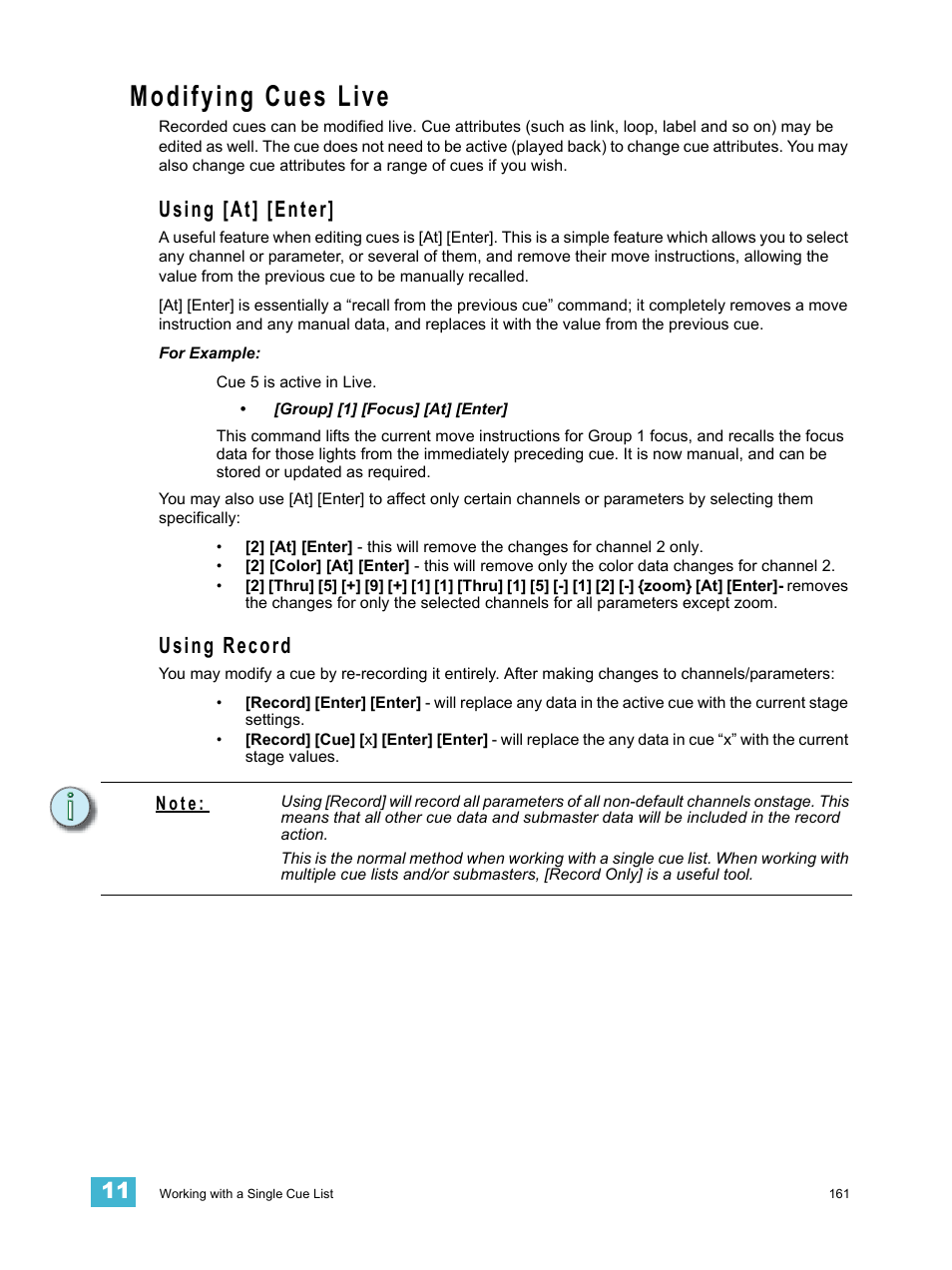 Modifying cues live, Using [at] [enter, Using record | Using [at] [enter] using record | ETC Eos v1.3 User Manual | Page 175 / 356