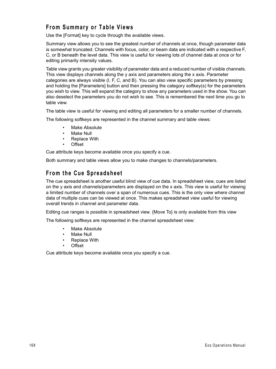 From summary or table views, From the cue spreadsheet | ETC Eos v1.3 User Manual | Page 182 / 356