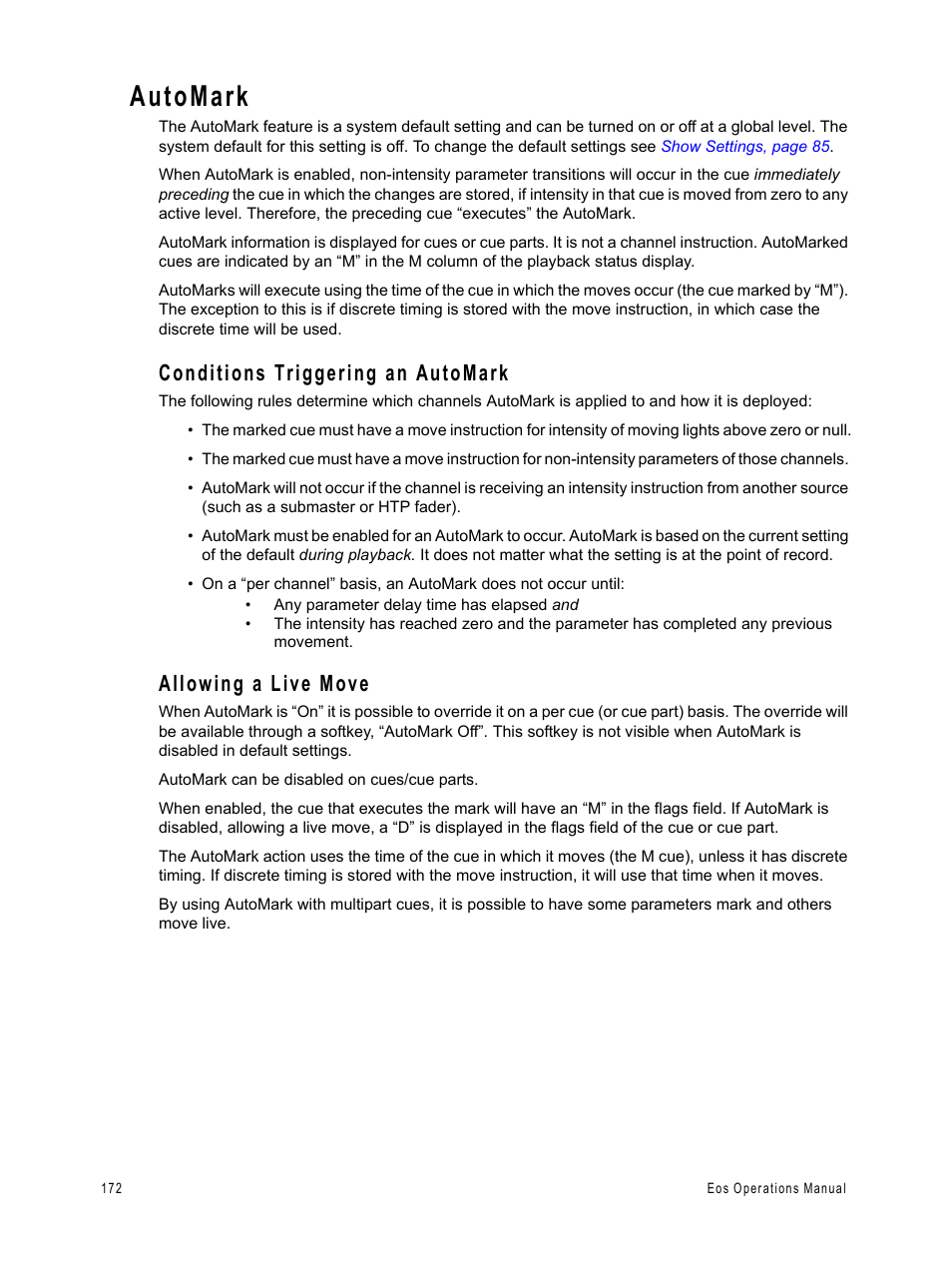 Automark, Conditions triggering an automark, Allowing a live move | ETC Eos v1.3 User Manual | Page 186 / 356