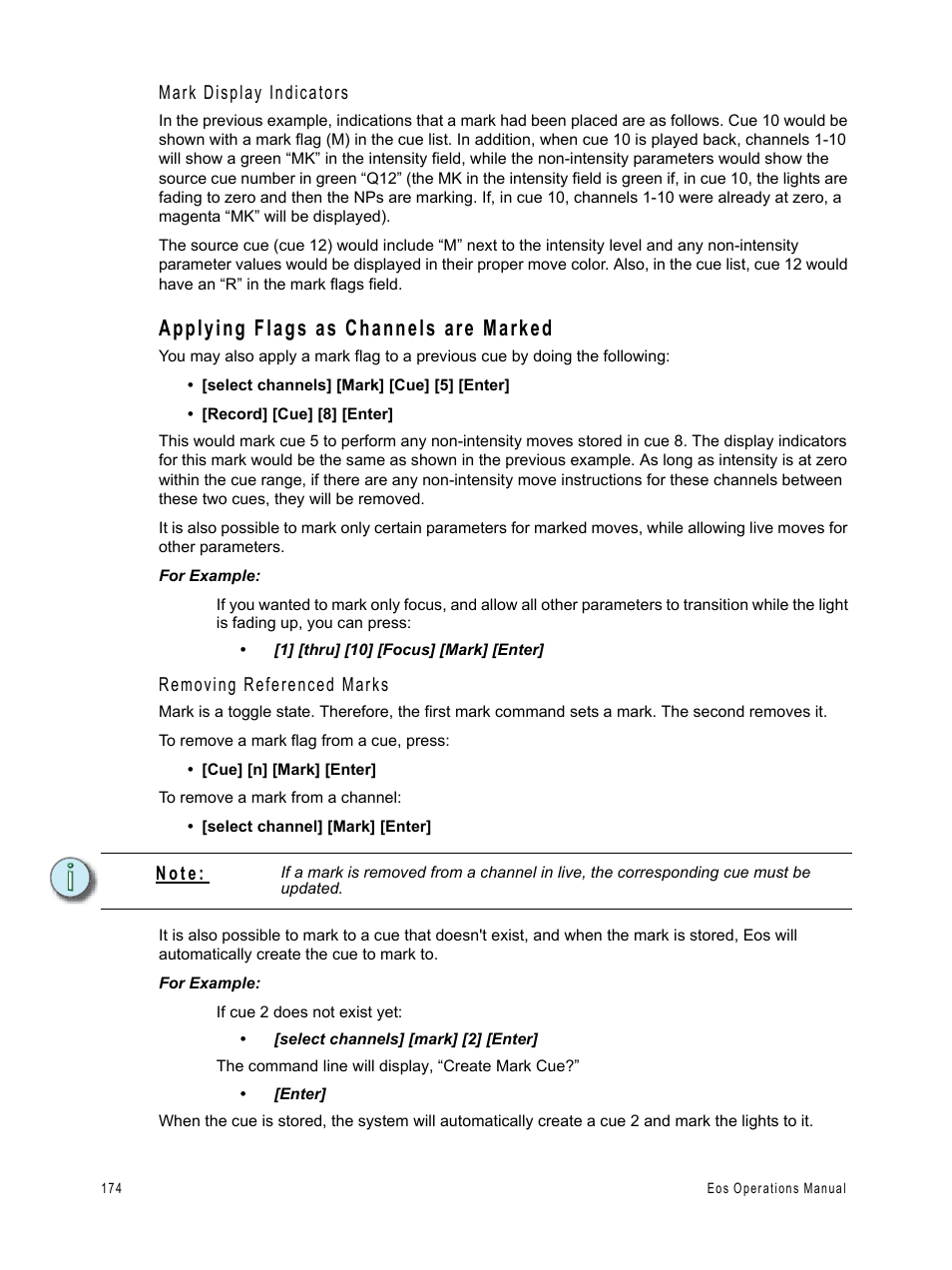 Applying flags as channels are marked, Mark display indicators, Removing referenced marks | N o t e | ETC Eos v1.3 User Manual | Page 188 / 356
