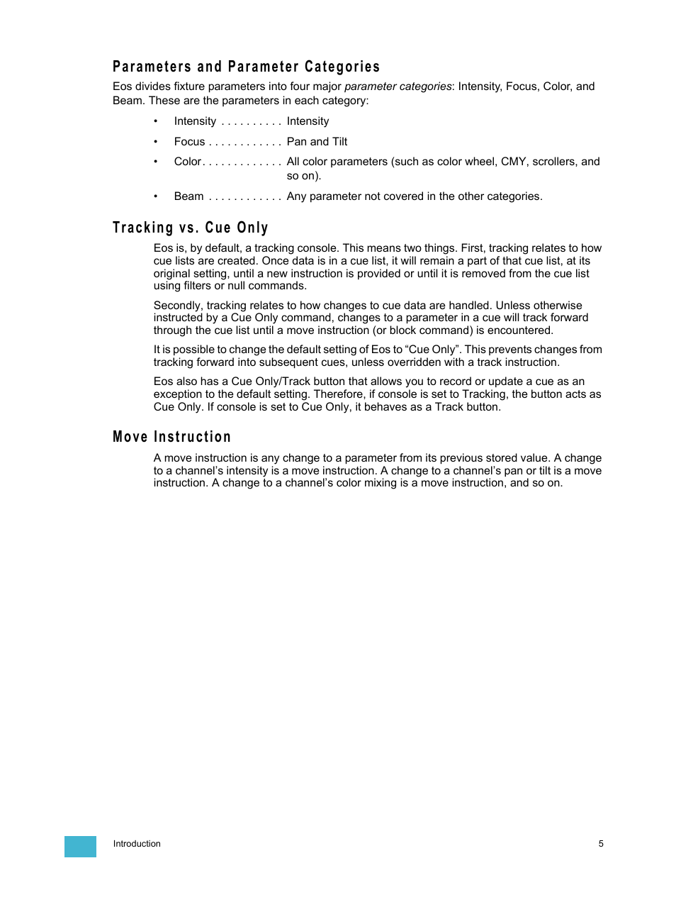 Parameters and parameter categories, Tracking vs. cue only, Move instruction | ETC Eos v1.3 User Manual | Page 19 / 356