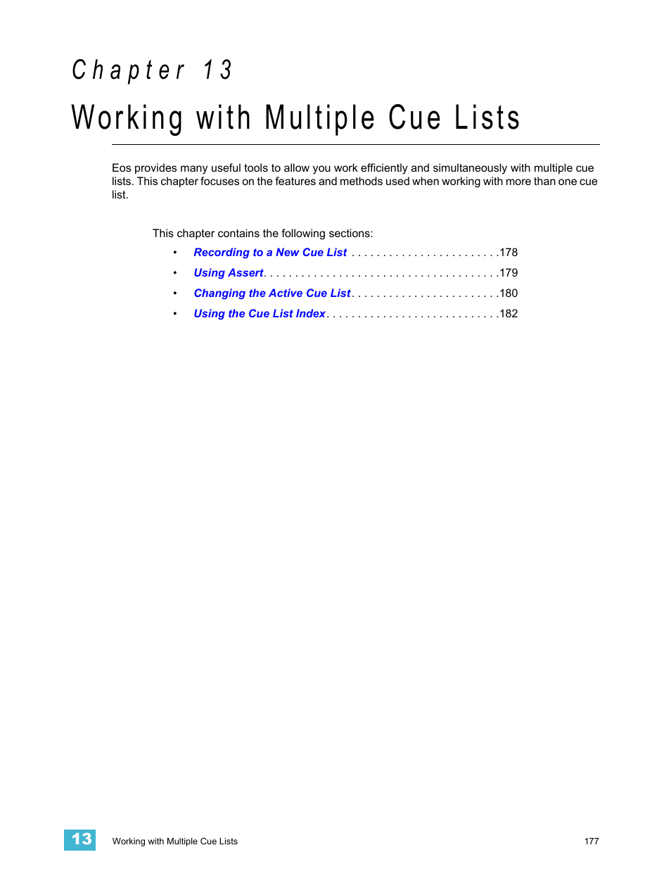 Working with multiple cue lists, C h a p t e r 1 3, Working | ETC Eos v1.3 User Manual | Page 191 / 356