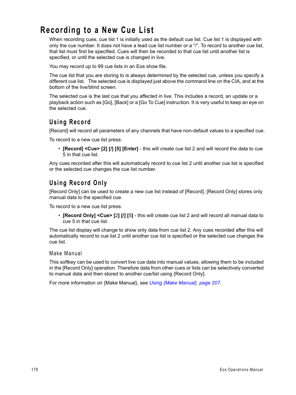 Recording to a new cue list, Using record, Using record only | Using record using record only | ETC Eos v1.3 User Manual | Page 192 / 356