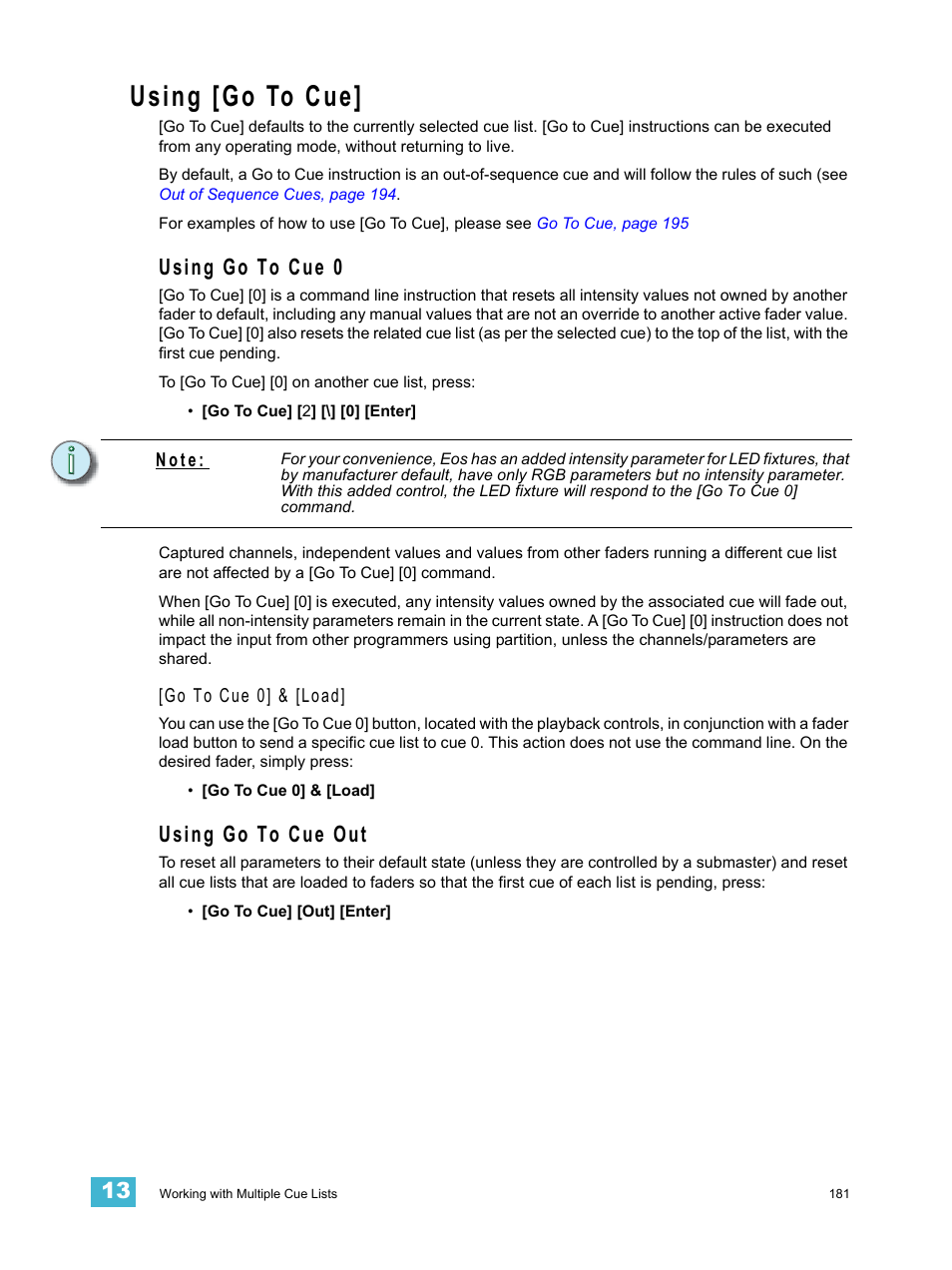 Using [go to cue, Using go to cue 0, Using go to cue out | Using go to cue 0 using go to cue out | ETC Eos v1.3 User Manual | Page 195 / 356