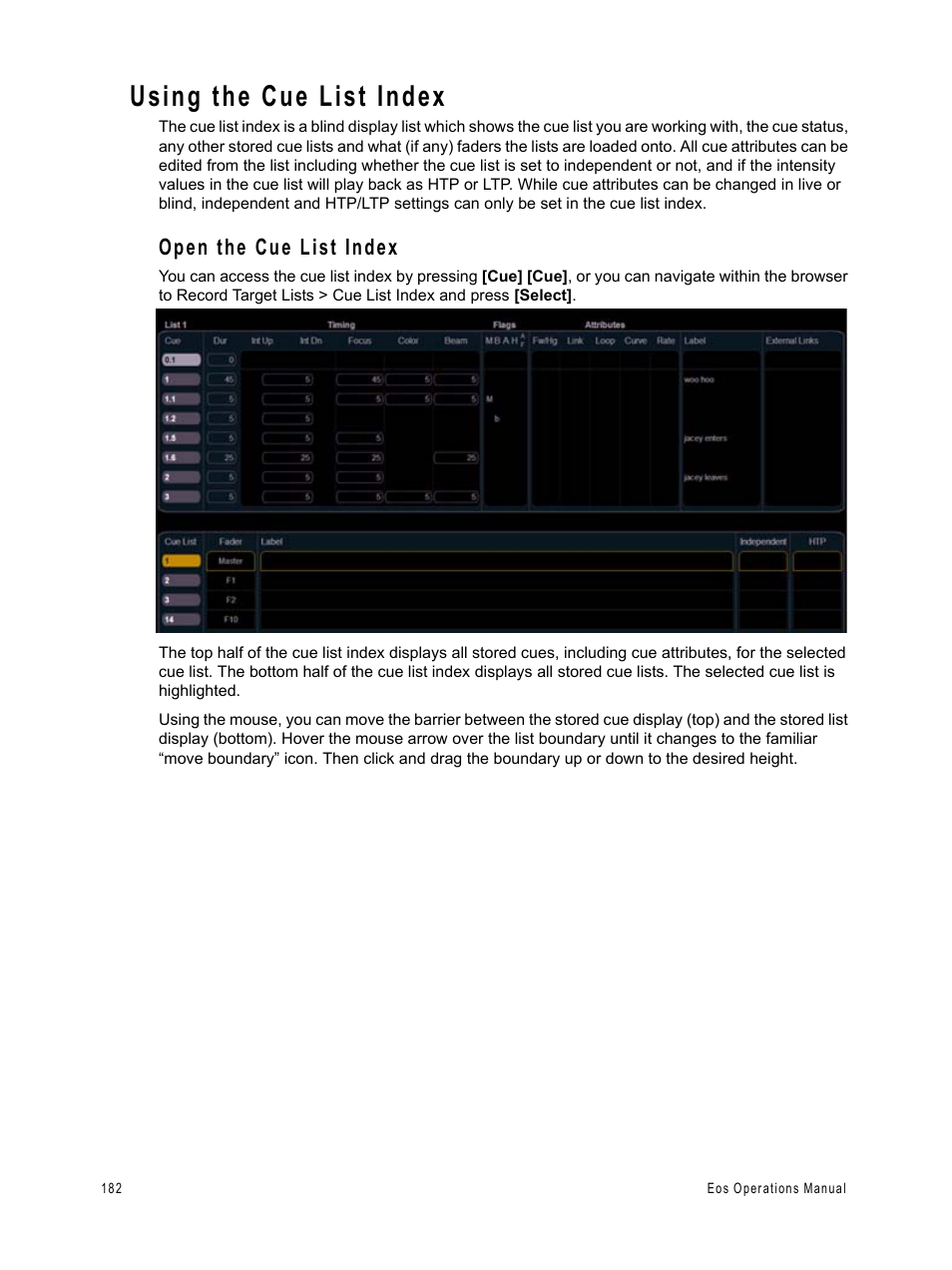 Using the cue list index, Open the cue list index | ETC Eos v1.3 User Manual | Page 196 / 356