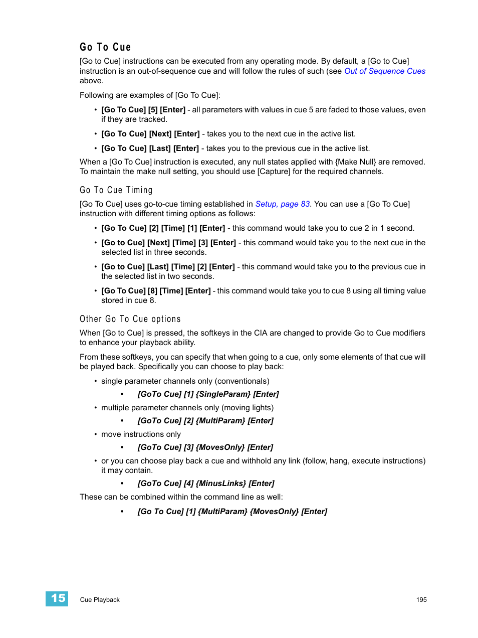 Go to cue, Go to cue timing, Other go to cue options | ETC Eos v1.3 User Manual | Page 209 / 356