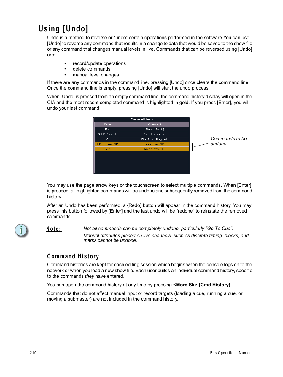 Using [undo, Command history | ETC Eos v1.3 User Manual | Page 224 / 356