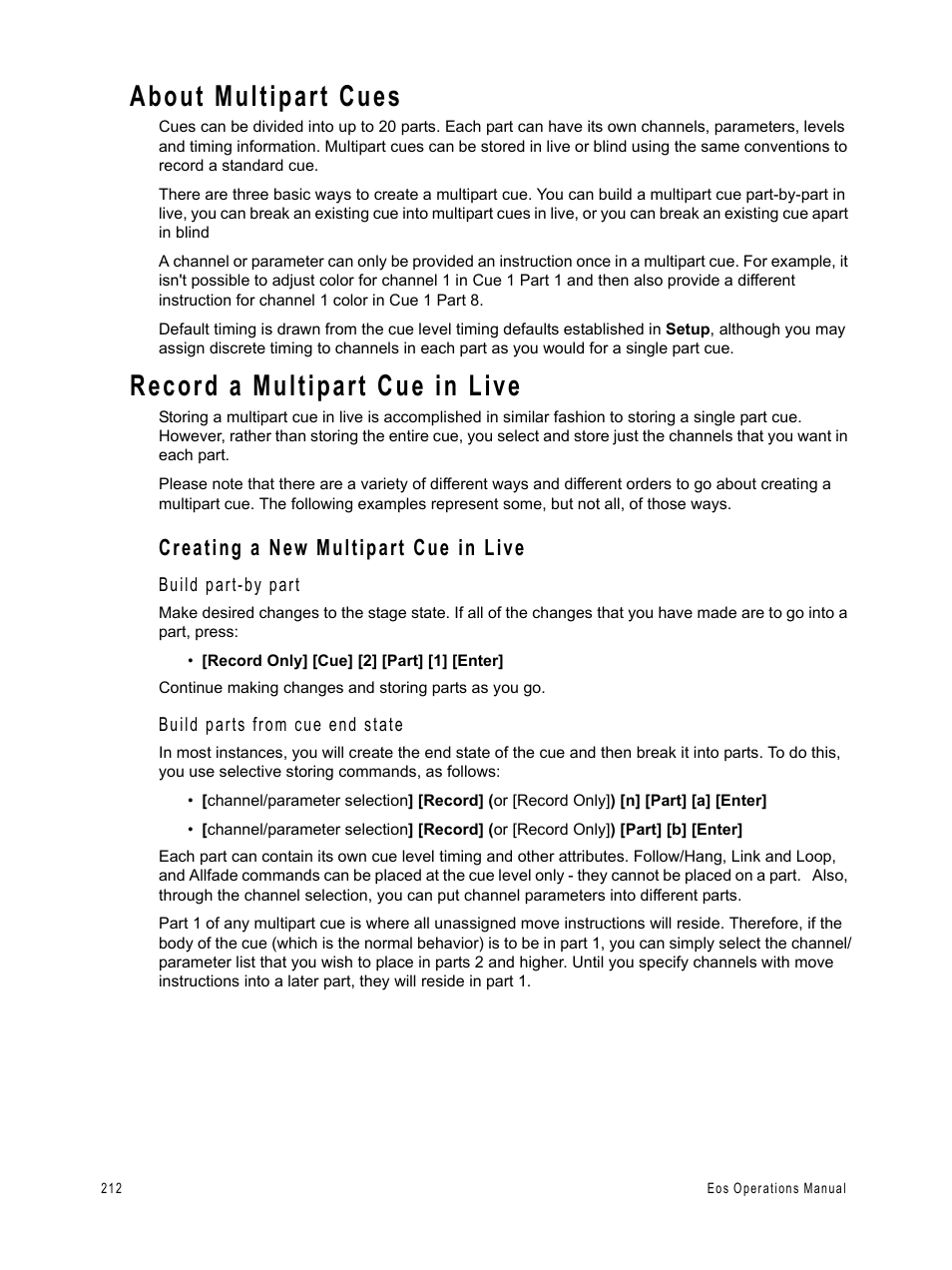 About multipart cues, Record a multipart cue in live, Creating a new multipart cue in live | ETC Eos v1.3 User Manual | Page 226 / 356