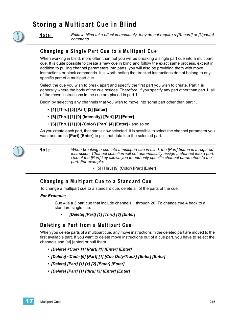 Storing a multipart cue in blind, Changing a single part cue to a multipart cue, Changing a multipart cue to a standard cue | Deleting a part from a multipart cue | ETC Eos v1.3 User Manual | Page 229 / 356