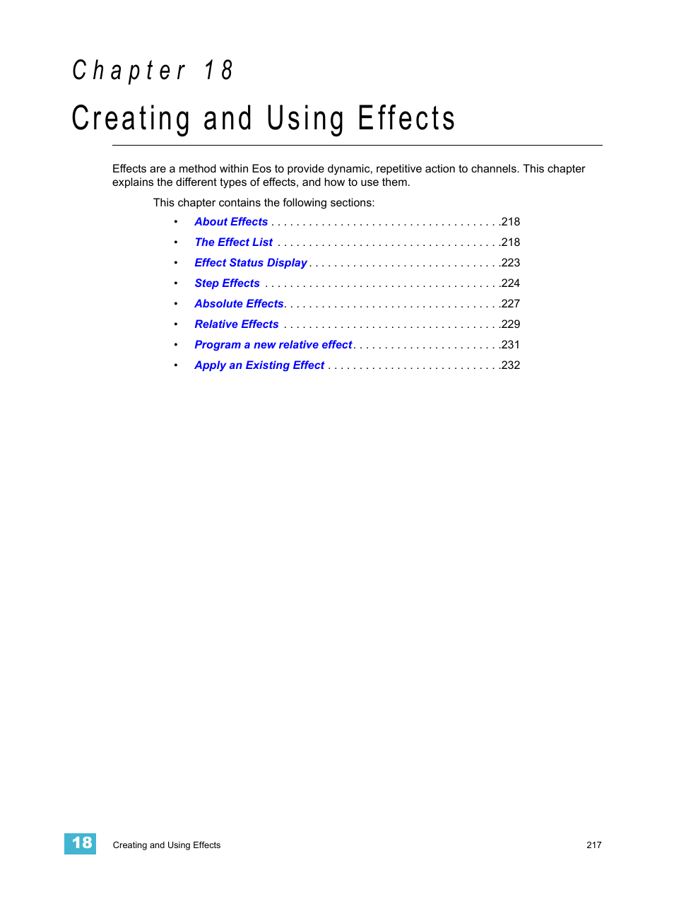 Creating and using effects, C h a p t e r 1 8 | ETC Eos v1.3 User Manual | Page 231 / 356