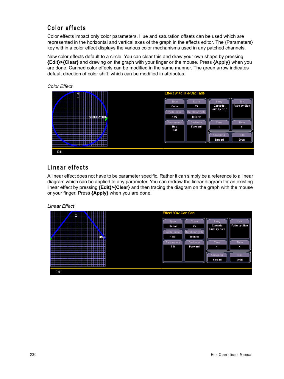 Color effects, Linear effects, Color effects linear effects | ETC Eos v1.3 User Manual | Page 244 / 356