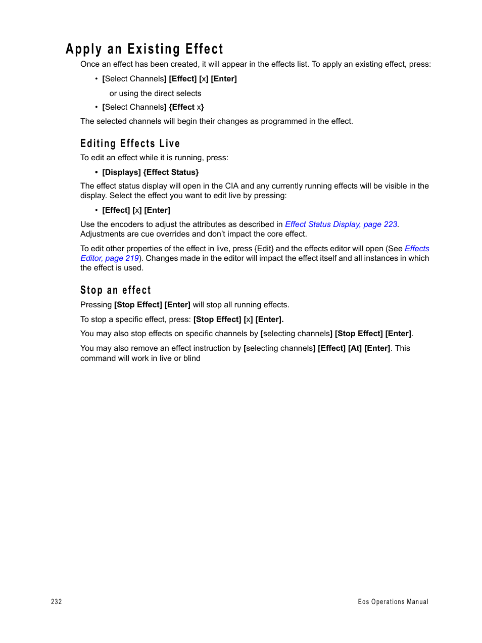 Apply an existing effect, Editing effects live, Stop an effect | Editing effects live stop an effect | ETC Eos v1.3 User Manual | Page 246 / 356